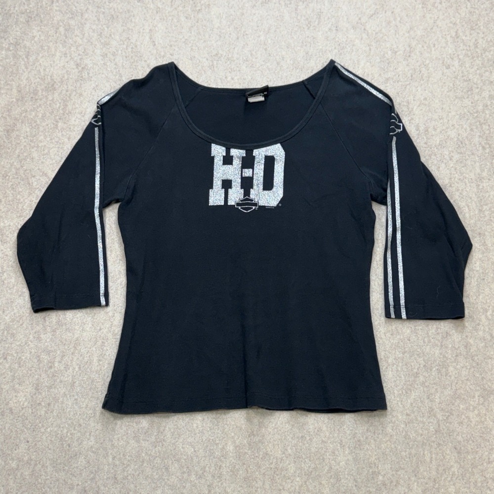 Harley-Davidson 3/4 Sleeve Top Womens XL Black Biker Y2K Glitter Graphic Vintage